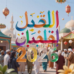 Naklejka premium Fantasy Art Eid Number. A Vibrant, Typography-Focused Design Featuring Overlapping Translucent Letters Showcasing The Eid Celebration In 2026