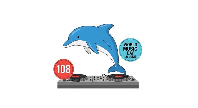 Dolphin dj character spinning records on turntable for world music day celebration creative aquatic illustration