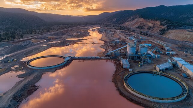 Aerial mining water treatment tanks sunset