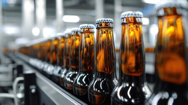 Beer bottles on factory assembly line