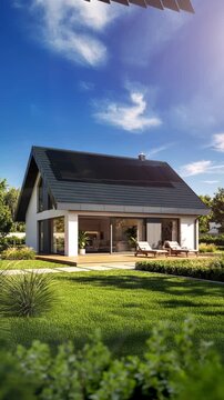 Modern house with sleek black solar panels - 4k vertical 3d animation