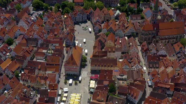 Aerial view of the old town above the city of Schorndorf in south Germany, on a cloudy spring day