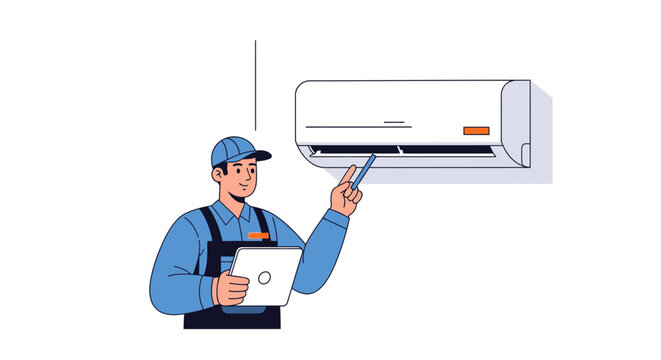HVAC technician in blue uniform using tool to inspect air conditioner unit on wall depicting maintenance and repair service in progress.