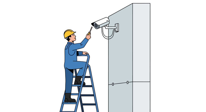 Technician installing security camera on exterior wall for surveillance and safety purposes with ladder