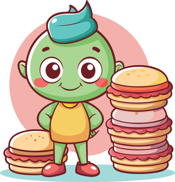 Cute green alien character standing beside stack of colorful macaron cookies illustration.