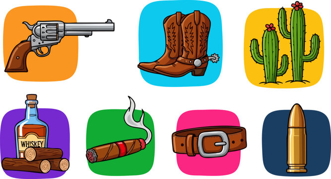 Wild West cowboy icon set, 7 colorful cartoon western vector elements, vintage outlaw equipment with revolver and boots for gaming and web design