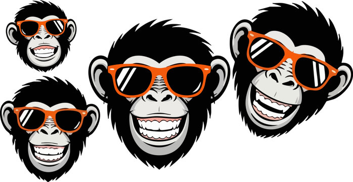 Cool chimpanzee head mascot with orange sunglasses, smiling monkey face vector set, funny ape character illustrations for apparel design