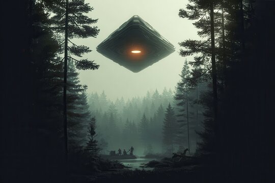UFO appears over forest with people below
