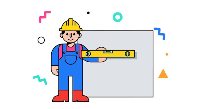 Construction Worker Character Holding a Spirit Level Tool, Flat Vector Illustration of a Builder in Overalls and Hard Hat for Renovation and Home Improvement