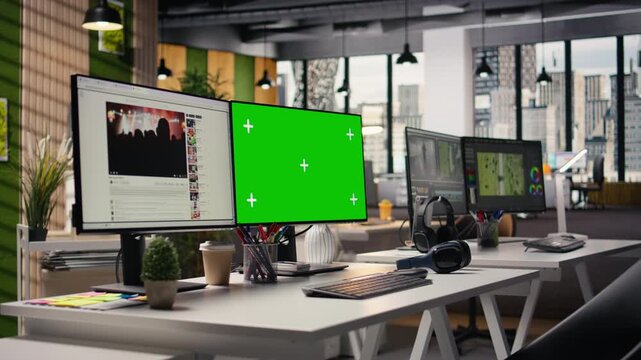 Green screen and streaming platform with content on dual monitors, online entertaining video materials within social network for digital marketing. User engagement, internet of things.