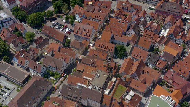 Aerial view of the old town above the city of Schorndorf in south Germany, on a cloudy spring day