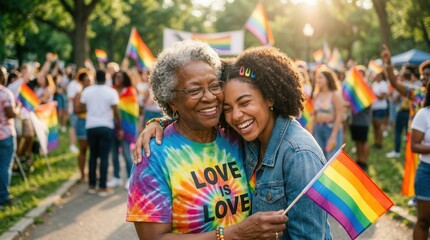 Fototapeta premium Grandmother and granddaughter embrace at pride parade