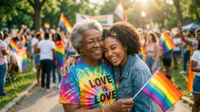 Grandmother and granddaughter embrace at pride parade