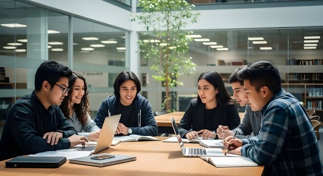 Diverse Latin teen students collaborating in a modern library