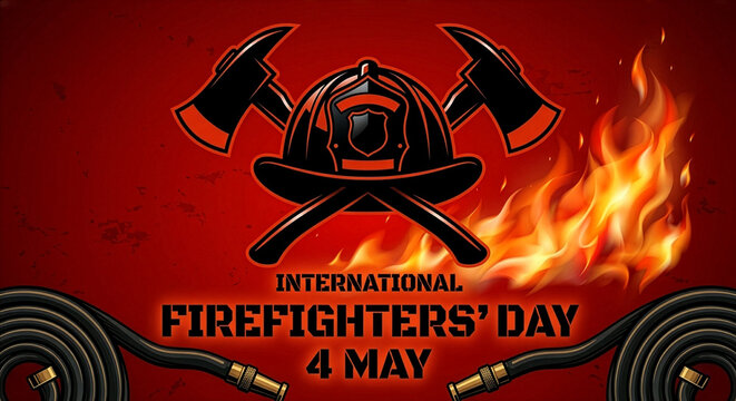 A helmet with crossed axes on a red background. A flame appears on the right side, with coiled fire hoses along the bottom. The design includes the message &ldquo;International Firefighters&rsquo; Day &ndash; 4 May.&rdquo;