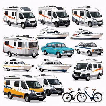 Matte Painting Travel Recreational. Illustration Showcases Diverse Travel And Leisure Options Through Line Art Featuring A Variety Of Recreational Vehicles And Transportation