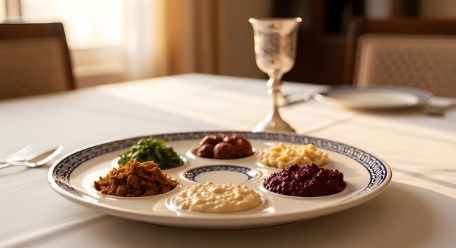 Traditional Passover Seder Plate with Symbolic Foods and Kiddush Cup