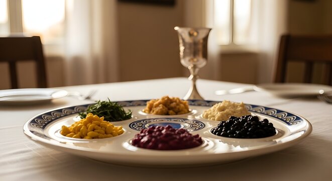 Traditional Jewish Passover Seder Plate with Ritual Foods