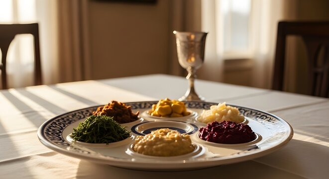 Traditional Passover Seder Plate with Symbolic Foods and Kiddush Cup