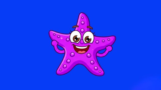 A cheerful 2D cartoon animation of a pink starfish character performing an energetic dance routine. Set against a bright blue background, this asset includes lip sync capabilities for professional voi