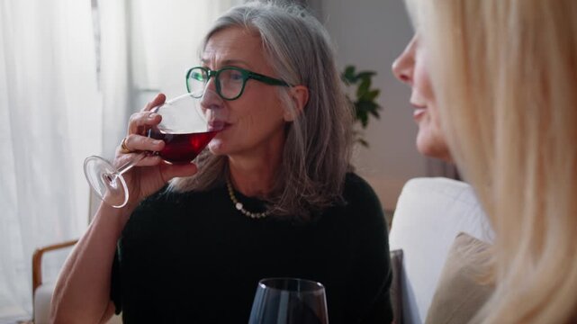 Smiling grey-haired woman drinks wine listening to friend at home