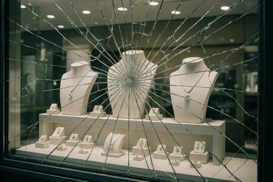 Shattered jewelry store display case with crystal reflections and multiple elegant white busts. concept of vandalism, luxury items protection, unexpected damage.