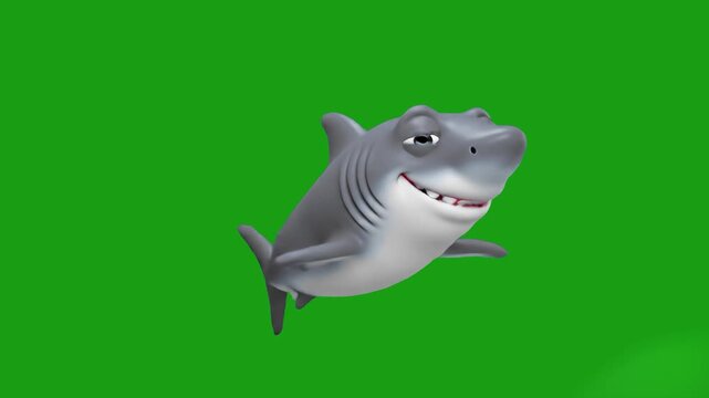 A smiling, stylized shark character swims steadily against a green screen background. This 3D animation is designed for kids' media, underwater-themed apps, or friendly marine character projects.