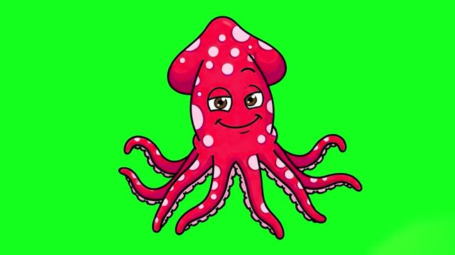 A friendly 2D animated pink squid with white spots and a kind smile, isolated on a chroma key background. Perfect for children's educational content, sea-themed stories, and underwater animations.