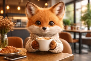 Fototapeta premium Cute little fox wearing knitted sweater holding coffee cup in cozy cafe. Animal drinking hot beverage at table with croissant. Adorable woodland creature character in restaurant