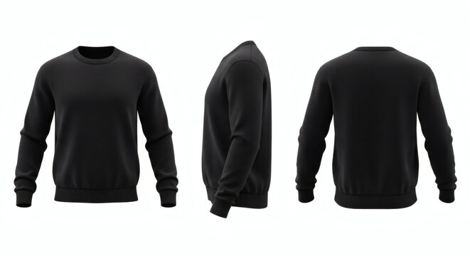Blank classic plain black crew neck sweatshirt presented in multiple views, showing the front, side, and back for design mockups and apparel templates&nbsp;