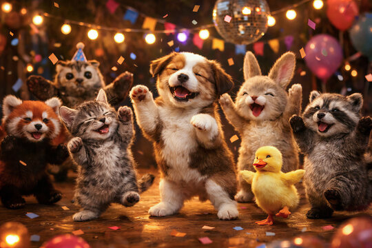 Group of happy animals dancing at a party with confetti and lights. Cute puppy, kitten, bunny, raccoon, red panda and duckling celebrating