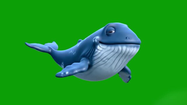 A friendly, stylized blue whale character swims gracefully against a solid green screen background. This 3D animation is perfect for children's educational content, aquatic-themed games, or marine lif