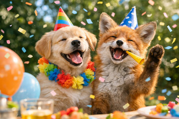 Fototapeta premium Golden retriever puppy and red fox celebrating birthday with party hat and confetti. Happy animals enjoying festive event at outdoor party. Friendship between wild and domestic animal for celebration