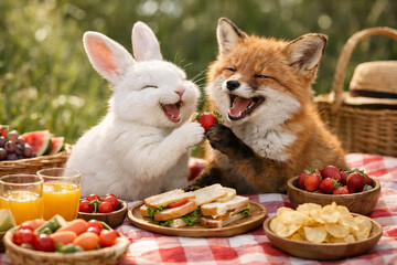 Fototapeta premium Rabbit and fox eating strawberry during picnic. Happy animals sharing food in sunny garden. Friendship concept, funny wildlife characters interacting with summer