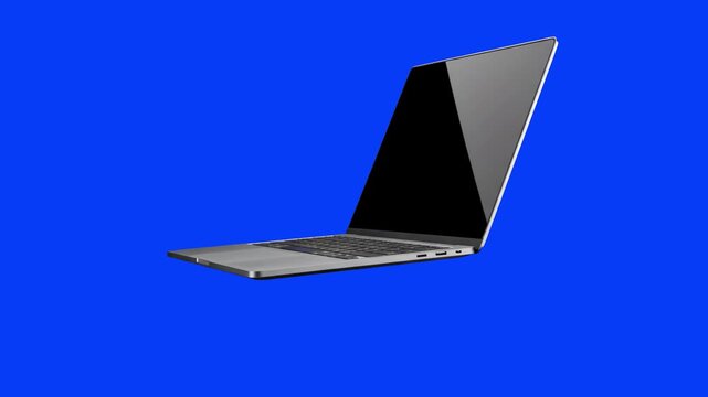 A professional laptop computer positioned against a solid blue screen background, allowing for easy background replacement. This shot is suitable for technology-focused presentations, UI software demo