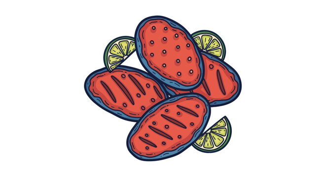 Grilled Cactus Pads with Lime Slices, Hand-Drawn Illustration