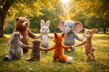 Fototapeta premium Animals holding hands in a circle on green grass. Group of cute forest creatures standing together in a park. Concept of friendship, unity and harmony in nature. Fairytale illustration for children