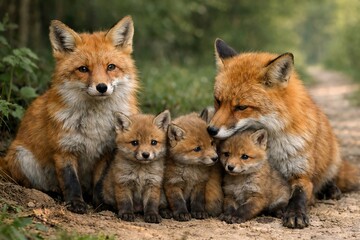 Fototapeta premium Family of wild foxes sitting together on a forest path. Mother fox with small kits in nature. Cute red animals portrait in woodland. Concept of wildlife, motherhood, love and protection in nature