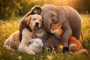 Fototapeta premium Group of animals including dog cat monkey elephant and fox hugging in a field. Concept of friendship and unity in nature. Wildlife illustration showing different species together at sunset in meadow