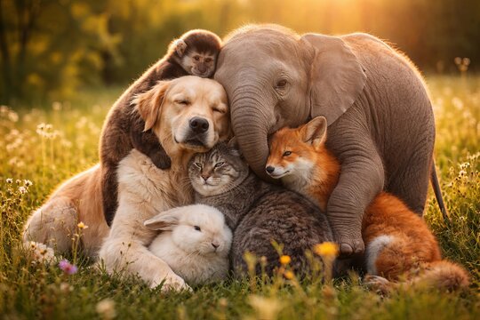 Group of animals including dog cat monkey elephant and fox hugging in a field. Concept of friendship and unity in nature. Wildlife illustration showing different species together at sunset in meadow