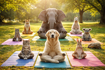 Fototapeta premium Group of animals doing yoga in a park. Cute pets and wildlife relaxing together on mats. Meditation and mindfulness practice for wellness, spirituality, and fitness concept in nature. Illustration