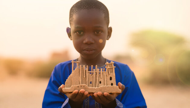 Malian boy holds a miniature of a Great Mosque of Djenne style building in the sun