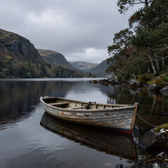 Obraz premium Celtic Art Boat Overcast. Boat Resting On Serene, Moody Lake Surrounded By Forested Hills Under Overcast Sky