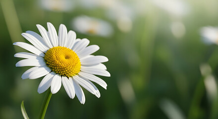 Fototapeta premium A beautiful white daisy with a yellow center in a green field