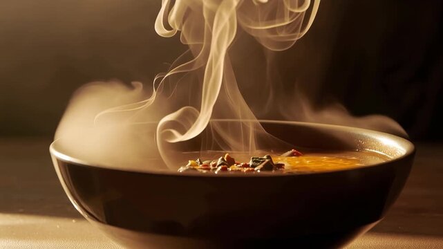 Steaming soup bowl of spicy herb infused broth with warm golden light and aromatic steam