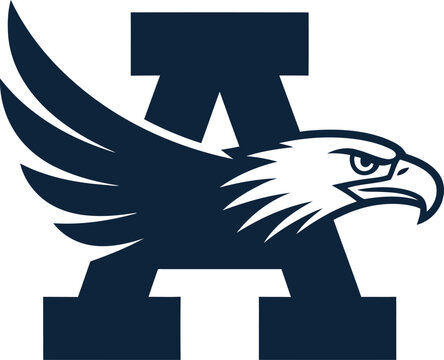 Eagle head, letter A, navy blue and white, vector logo, mascot icon, educational emblem
