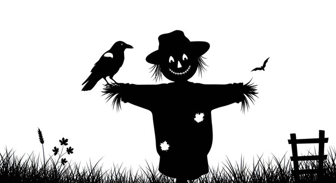 Scarecrow Silhouette with Crow and Bat on White Background