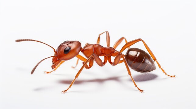 Close-up shot of an orange-red ant with a dark abdomen, isolated on white background