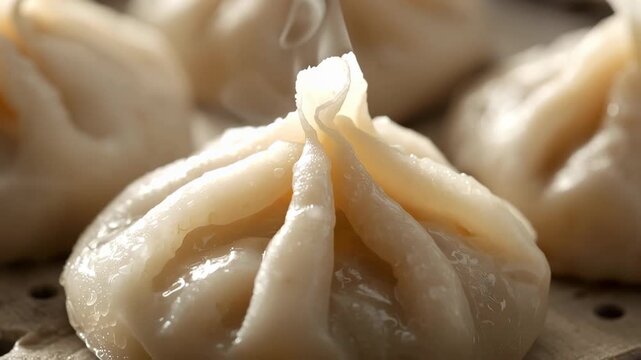Steamed dumpling closeup pleated glossy dough dumpling with warm broth dripping and savory filling
