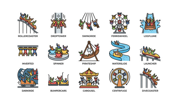 Amusement park ride icons: rollercoaster, ferris wheel, waterslide, carousel, drop tower